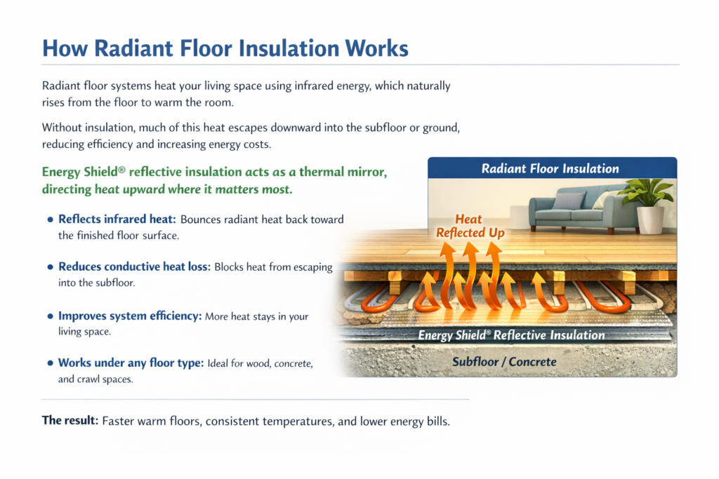 Cutaway diagram showing radiant floor heating tubes above Energy Shield reflective insulation, directing heat upward into the living space to improve efficiency and comfort.