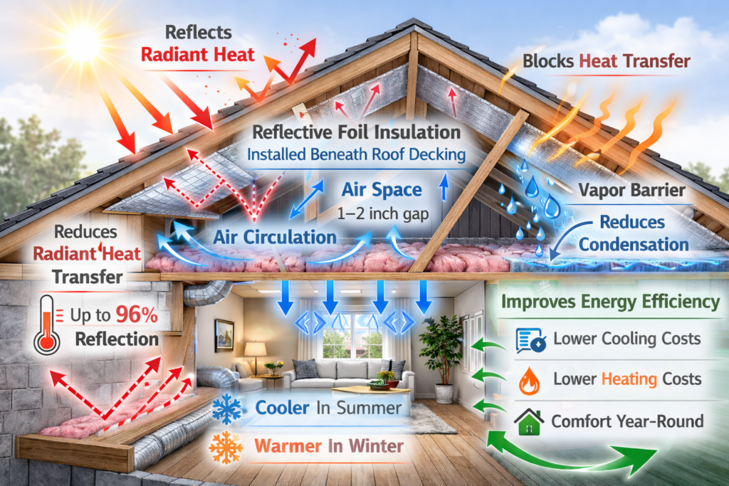 Cutaway of attic showing ES® radiant barrier foil insulation reflecting infrared heat, reducing heat transfer, and controlling moisture.