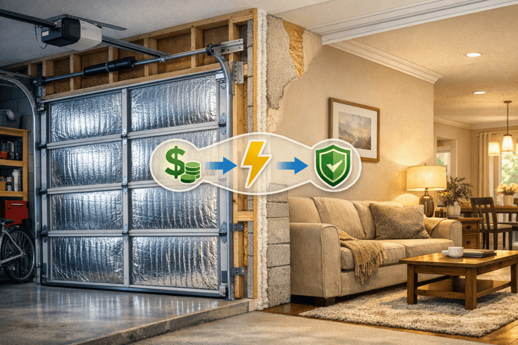Cutaway of an attached garage with reflective foil insulation installed in sectional garage door panels, showing energy efficiency and reduced energy transfer between the garage and home interior.