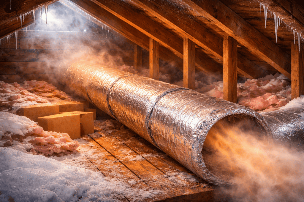 Attic with HVAC ducts wrapped in reflective insulation, keeping warm air inside the ducts while cold winter air surrounds them.