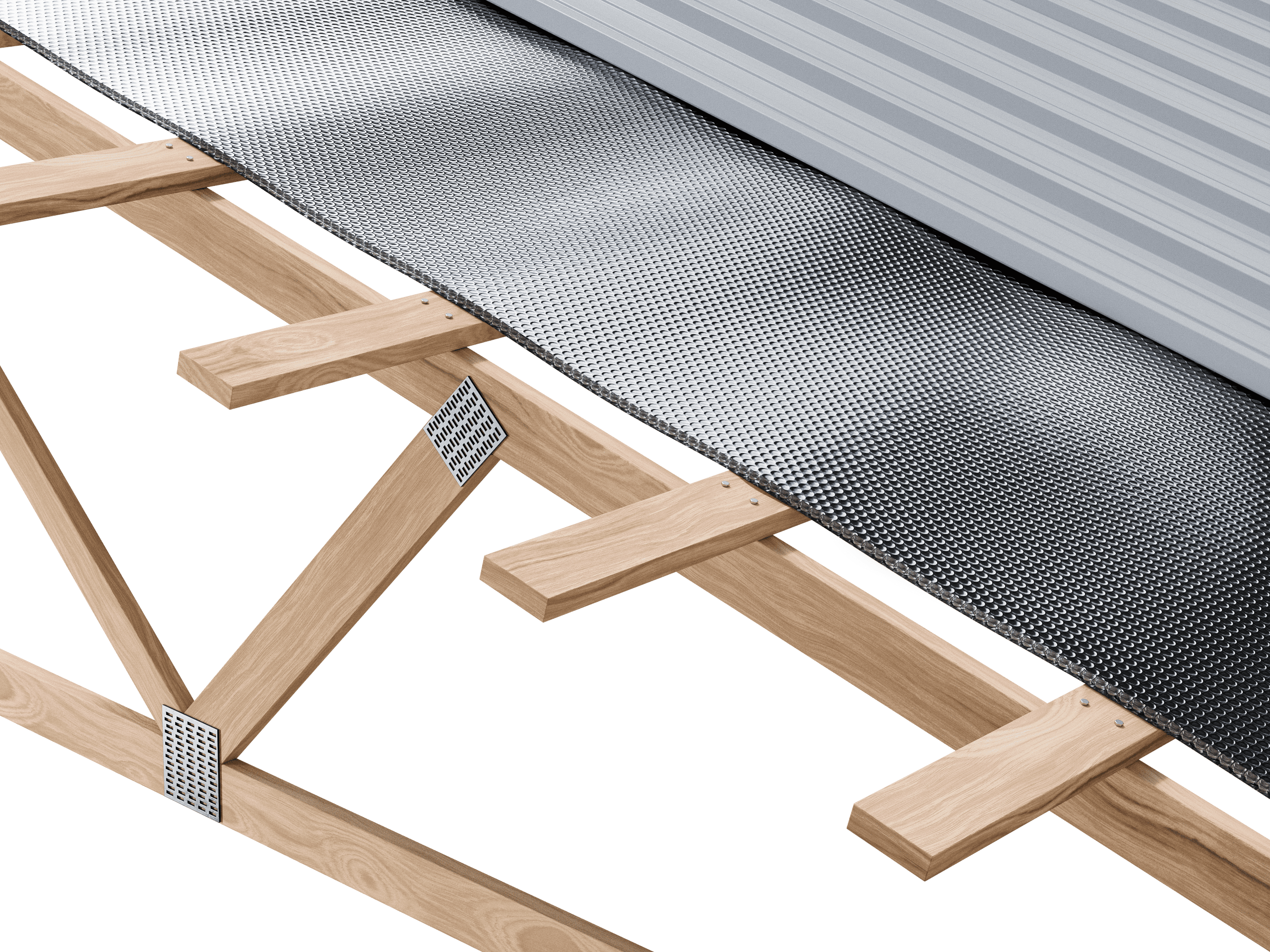 Over-purlin reflective insulation installed on a metal building roof to reduce heat gain and improve energy efficiency.