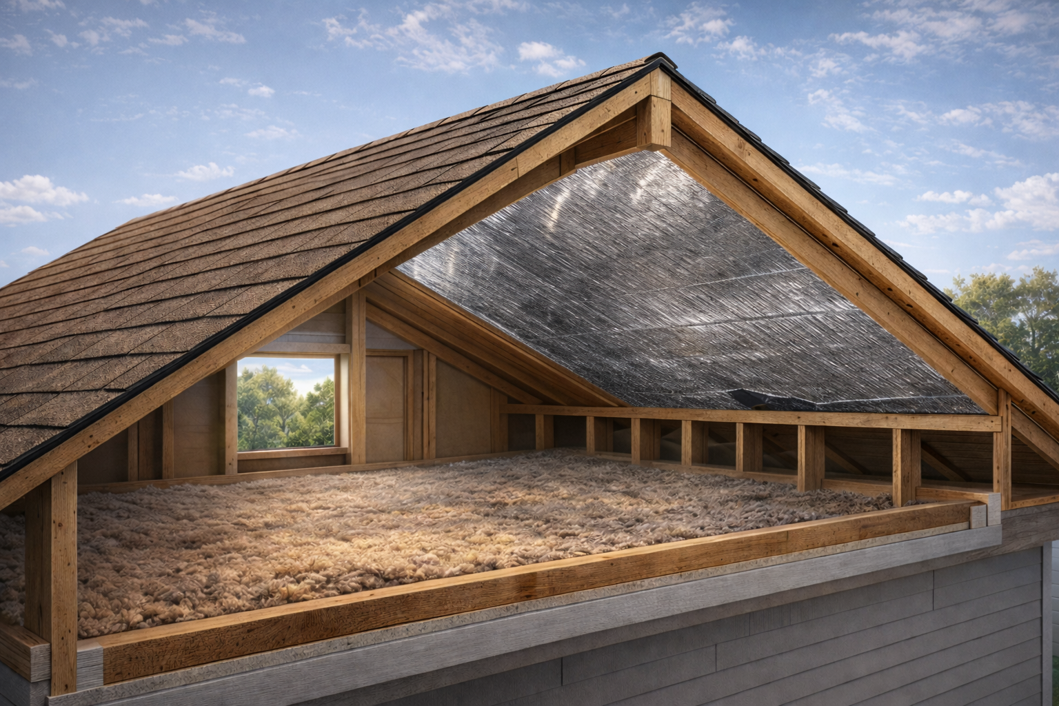 Perforated radiant barrier installed under the rafters of an attic with fiberglass insulation on the floor of the attic.