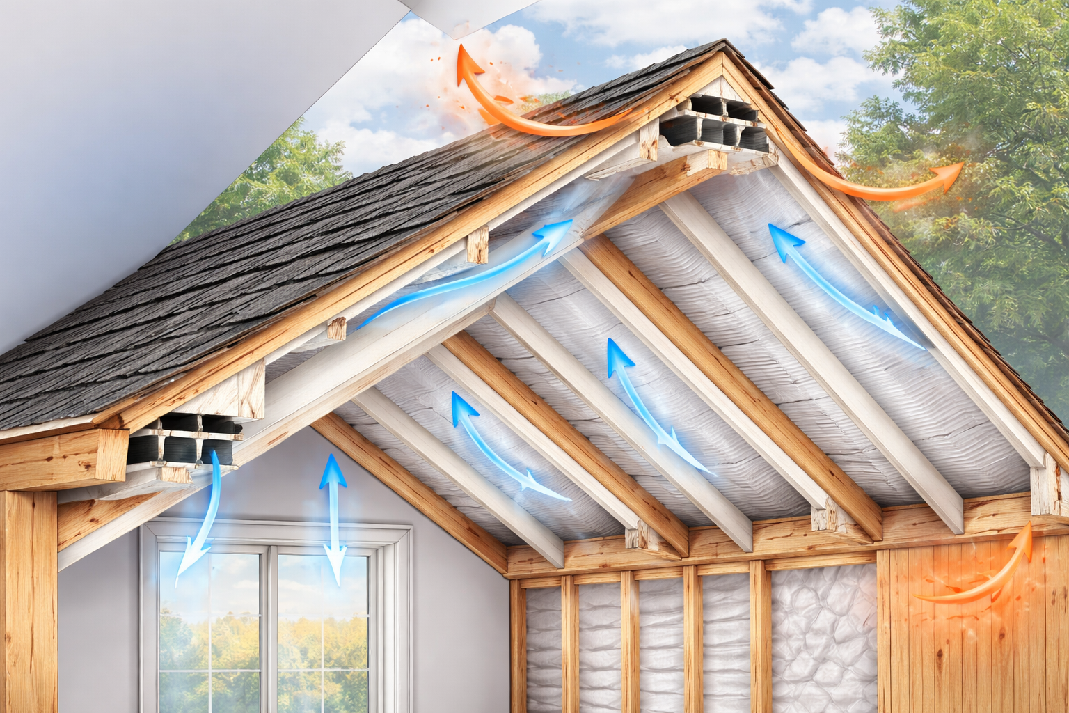 Cutaway illustration of a cathedral ceiling showing proper ventilation with airflow arrows, ventilation baffles, rafters, and insulation layers