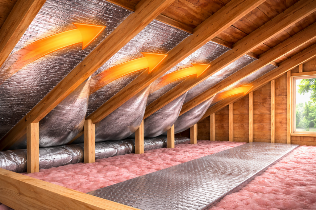 Radiant barrier attic insulation installed under roof rafters reflecting heat to reduce attic temperatures and improve energy efficiency.