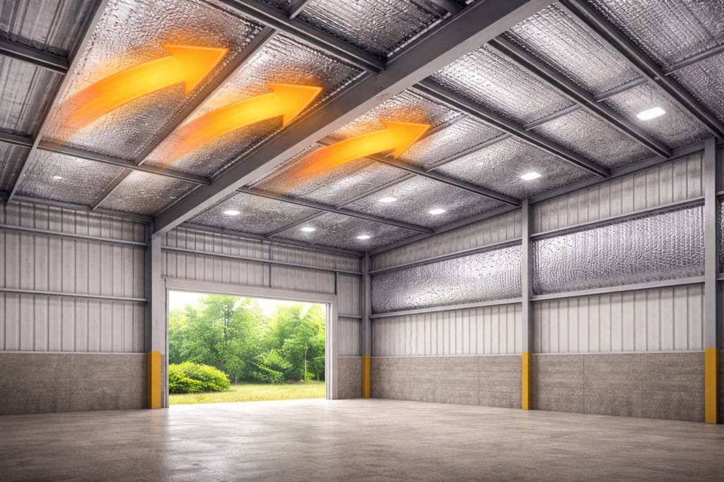 Radiant barrier reflective insulation installed in a metal building roof and wall system to reduce radiant heat transfer and control condensation.