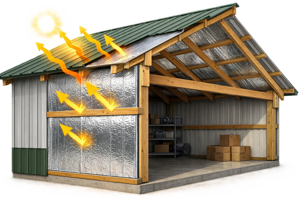 Reflective radiant barrier insulation installed in a pole barn roof system to reduce heat gain and improve interior temperature control.