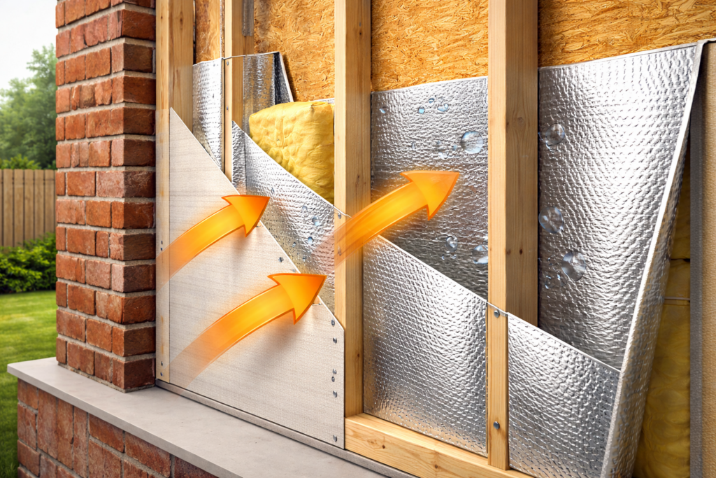 Radiant barrier reflective insulation installed inside a residential wall system reducing radiant heat transfer and improving energy efficiency.