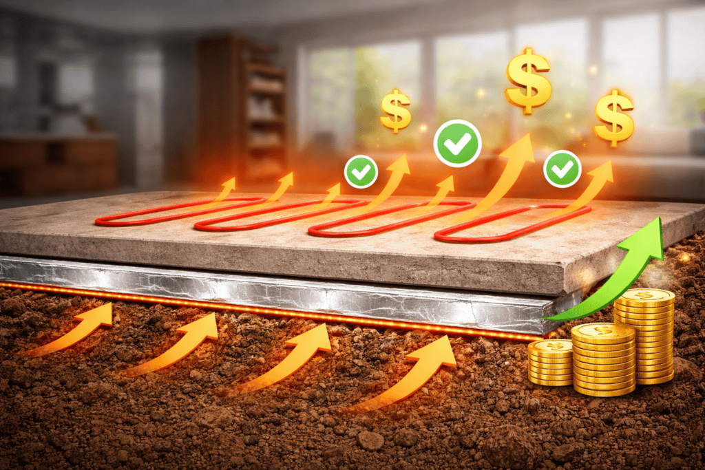 Under slab insulation reducing energy loss and improving efficiency with cost savings symbols