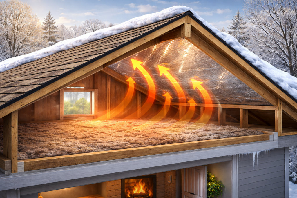 Photorealistic cutaway of a residential attic in winter showing a radiant heat barrier foil installed beneath the roof deck, reflecting warm indoor air back into the home and reducing heat loss.