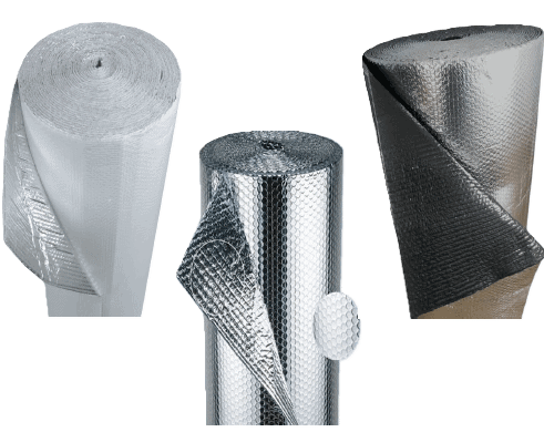 Reflective bubble foil, reflective bubble white, and reflective bubble black insulation products for metal and pole barn buildings.