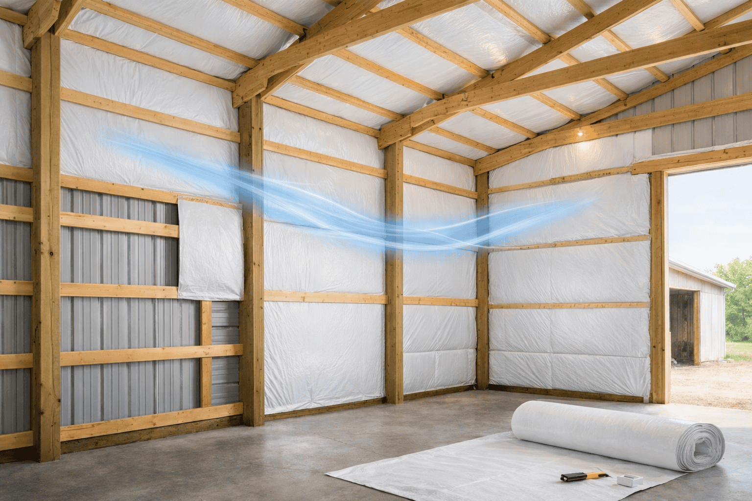Reflective foil insulation installed across the walls and roof of a post-frame pole barn, fitted around wooden posts and framing members with some sections partially installed.
