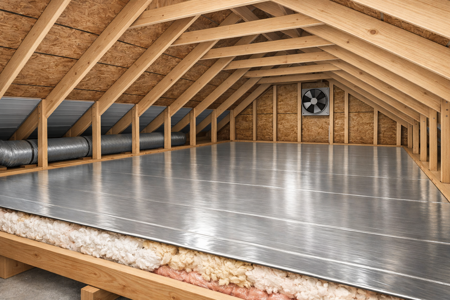 Cutaway view of a residential attic showing a smooth, reflective radiant barrier foil laid horizontally over existing fiberglass insulation on the attic floor, with clear wooden rafters and roof decking above.