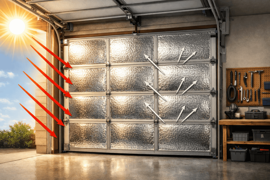Cutaway view of a residential garage during summer showing a sectional garage door with reflective foil insulation panels. Thin red arrows illustrate radiant heat being reflected away from the metallic insulation, keeping the garage interior cool.