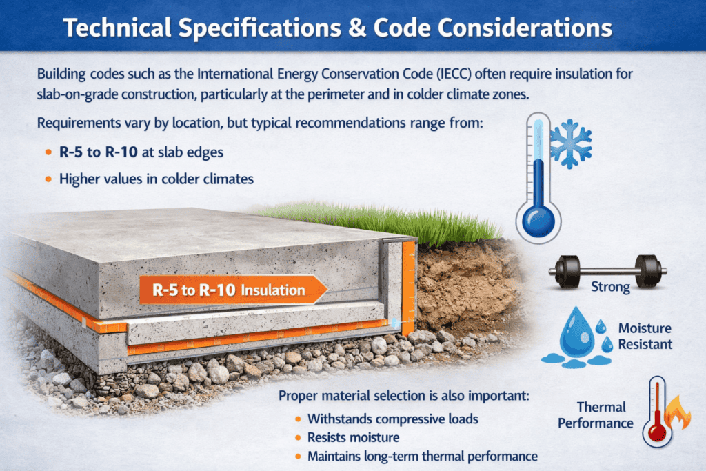 Technical diagram of slab-on-grade insulation showing a concrete slab with perimeter insulation, labeled R-5 to R-10 requirements, and icons representing moisture resistance, compressive strength, and thermal performance.