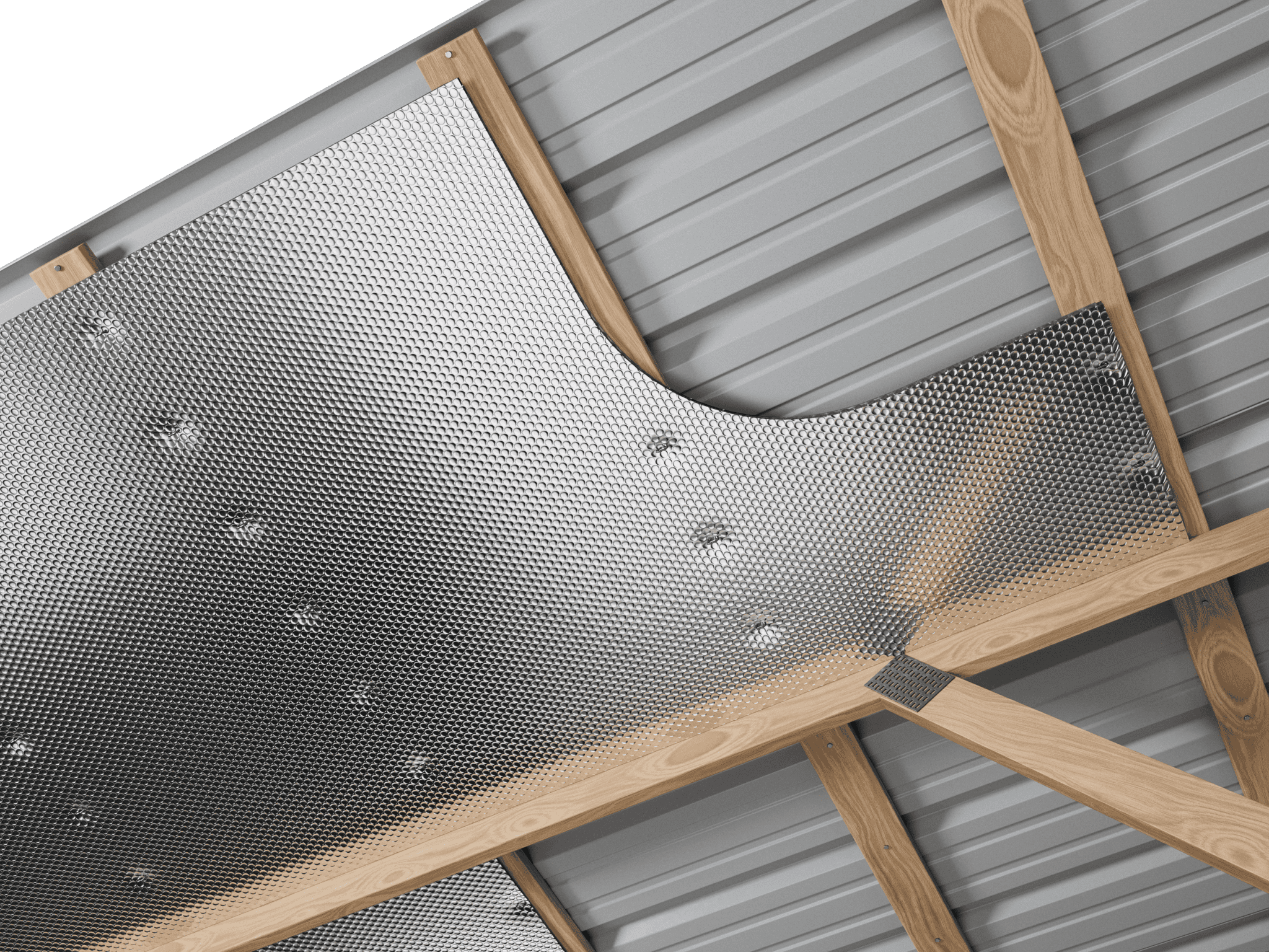 Under-purlin reflective insulation installed on a metal building roof to reduce heat gain and improve energy efficiency