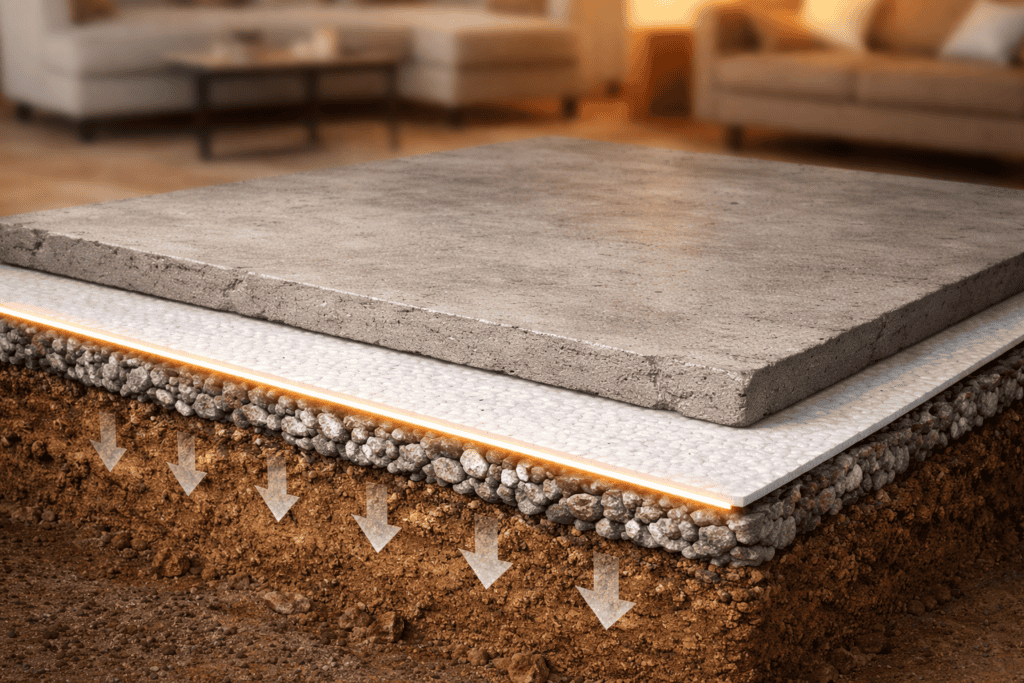 3D cutaway of a concrete slab foundation showing a thin white bubble under slab insulation with gravel and soil below and heat blocked from moving downward.