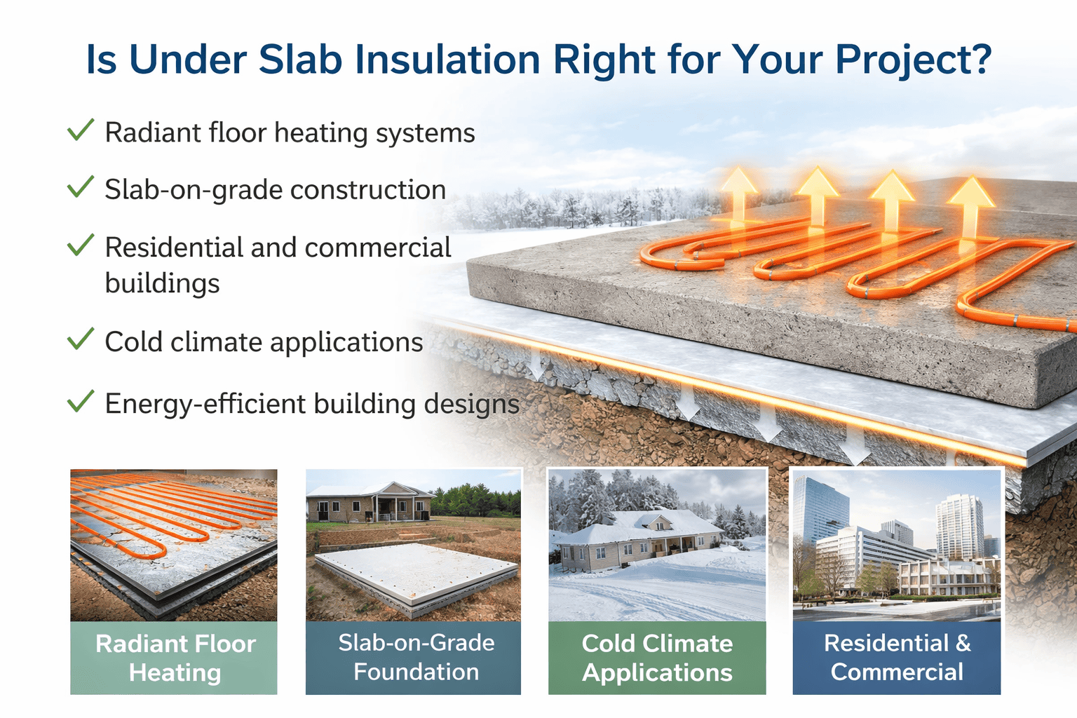 Cutaway illustration of a concrete slab with radiant heating above and insulation below, showing heat rising upward and blocked from entering the ground, with application examples below