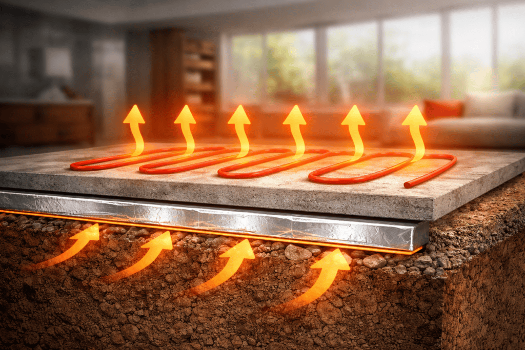 Under slab insulation blocking heat transfer into the ground in a radiant concrete floor system