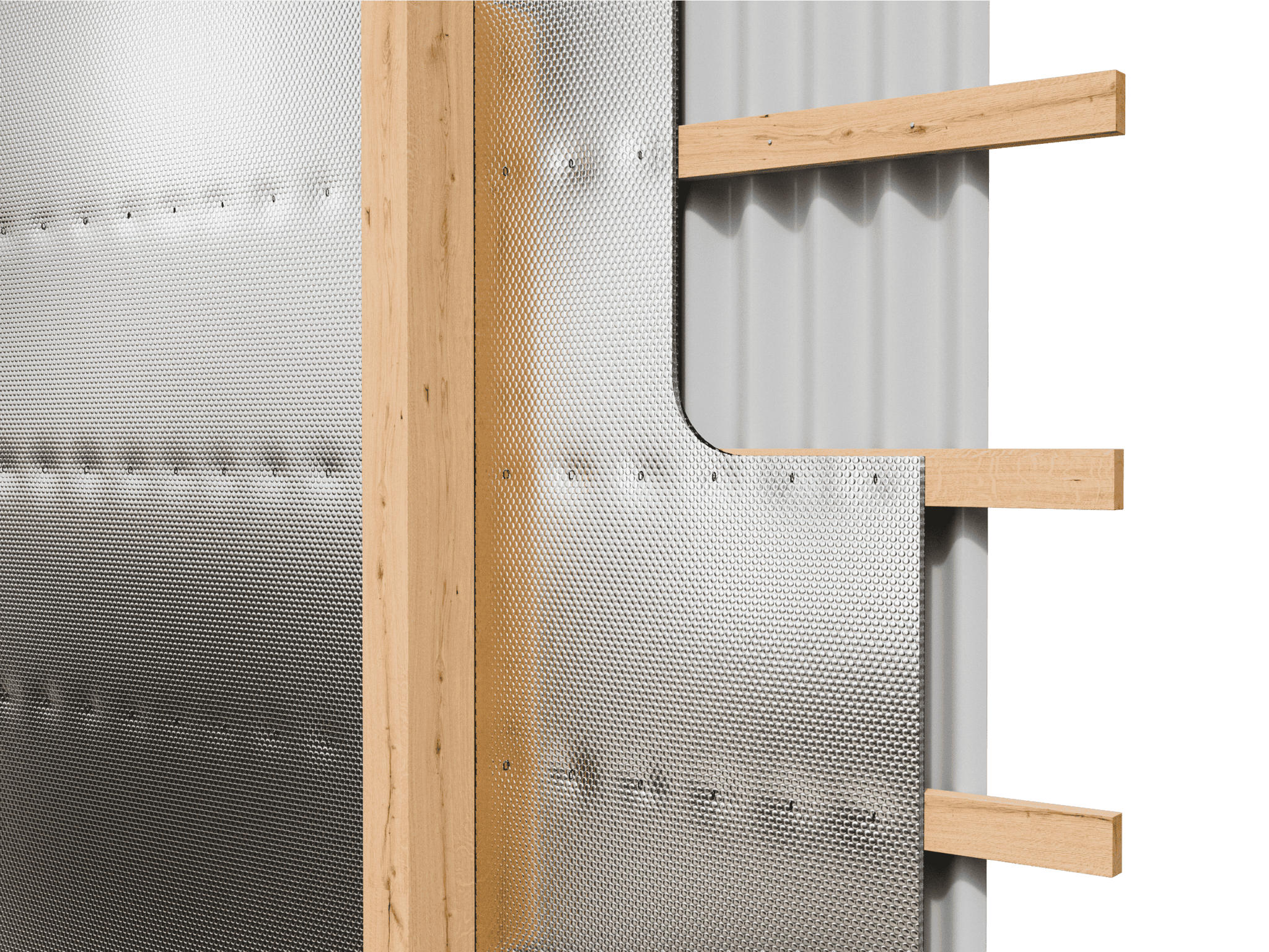 Photorealistic cutaway of a metal building wall showing reflective insulation and fiberglass insulation installed behind steel wall panels.