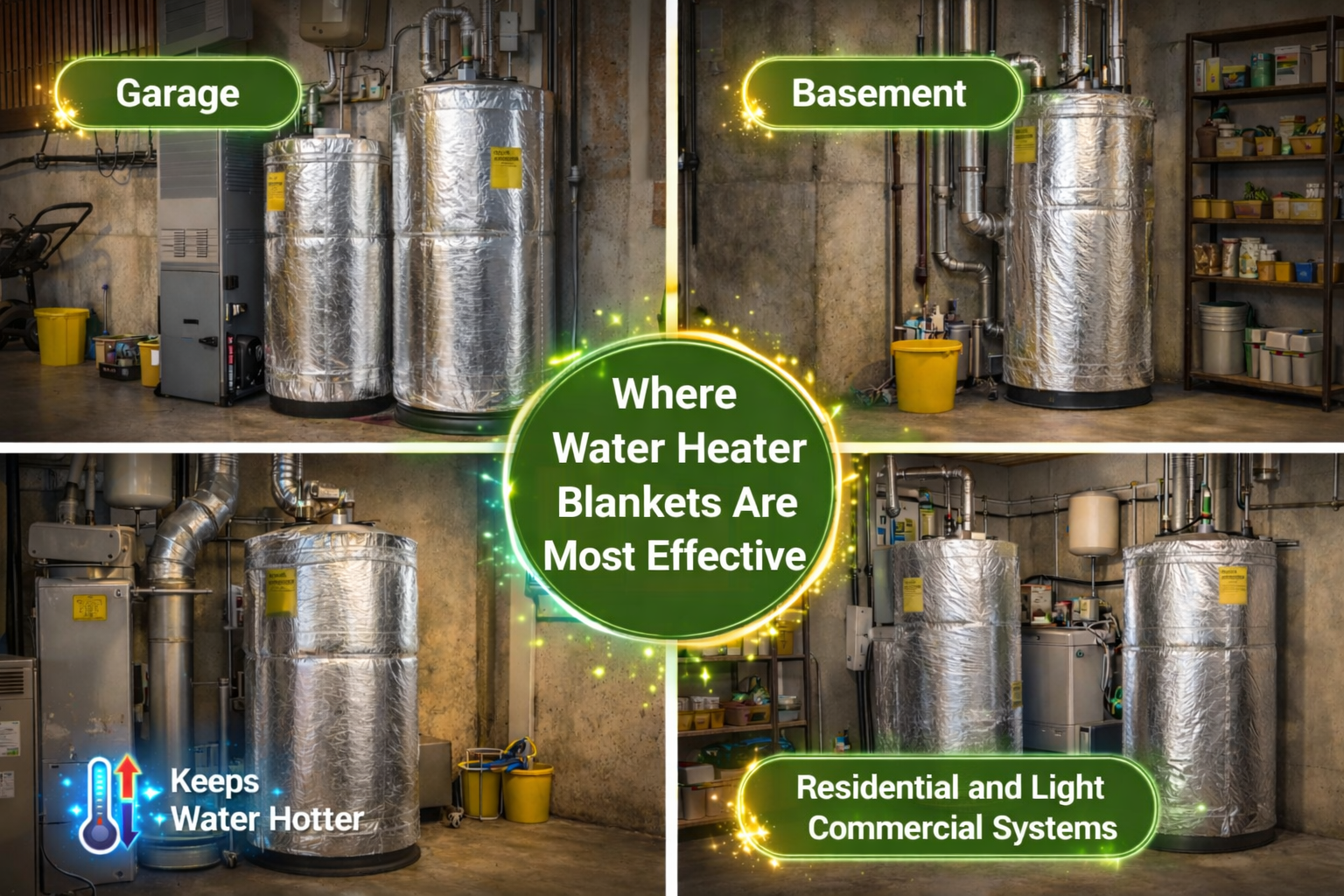 Infographic showing insulated water heaters in garage and basement settings with reflective blankets that improve heat retention and energy efficiency