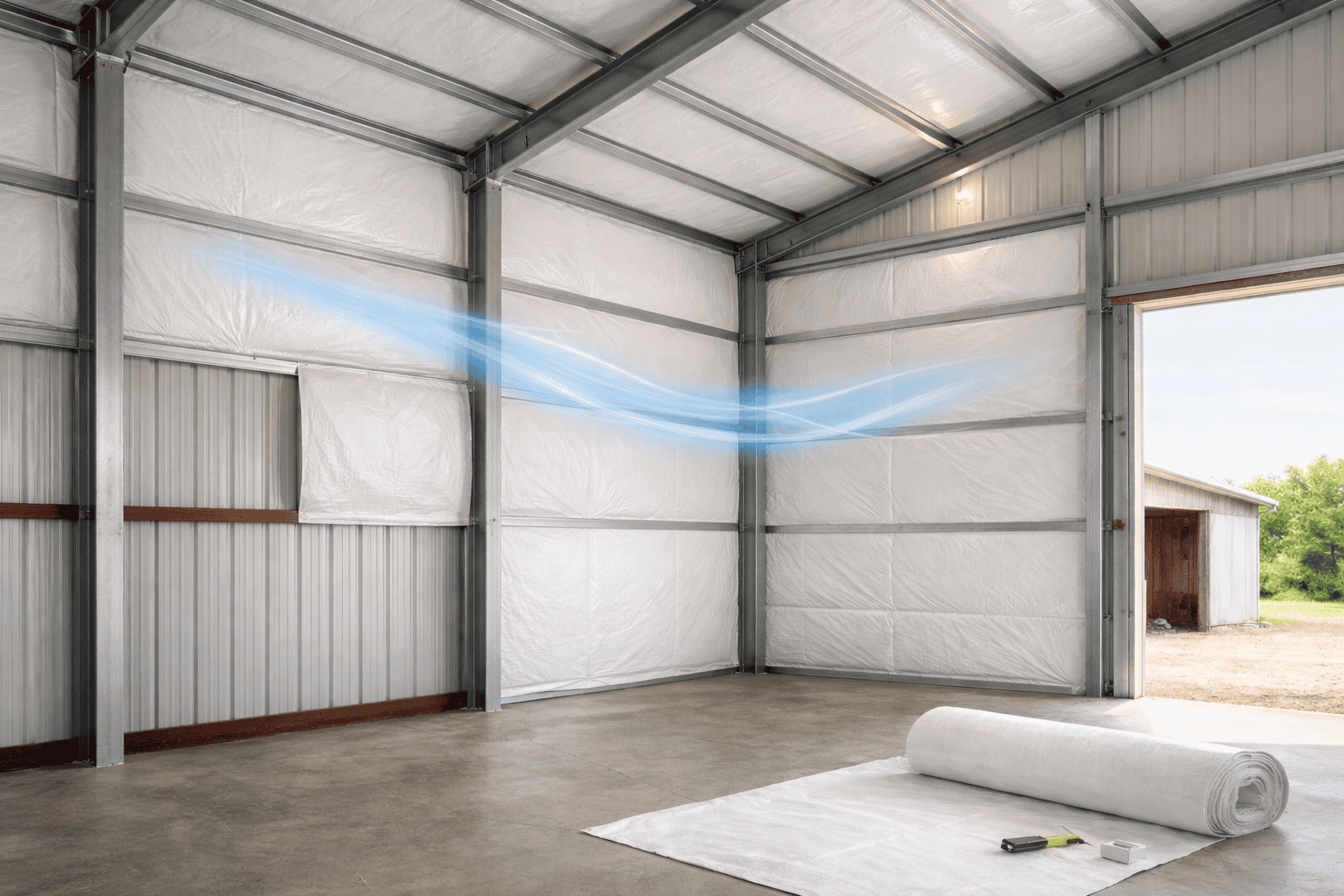 Interior of a metal building showing white-faced insulation installed on walls and roof, fitted around steel columns and purlins, with a partially unrolled roll of insulation on the concrete floor and natural light entering through an open doorway.