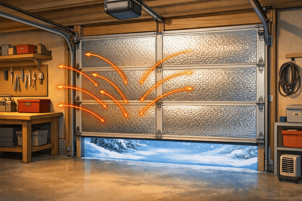 Cutaway view of a residential garage during winter showing a sectional garage door with reflective foil insulation panels. Thin orange arrows illustrate warm air inside the garage reflecting off the metallic insulation, preventing heat loss.