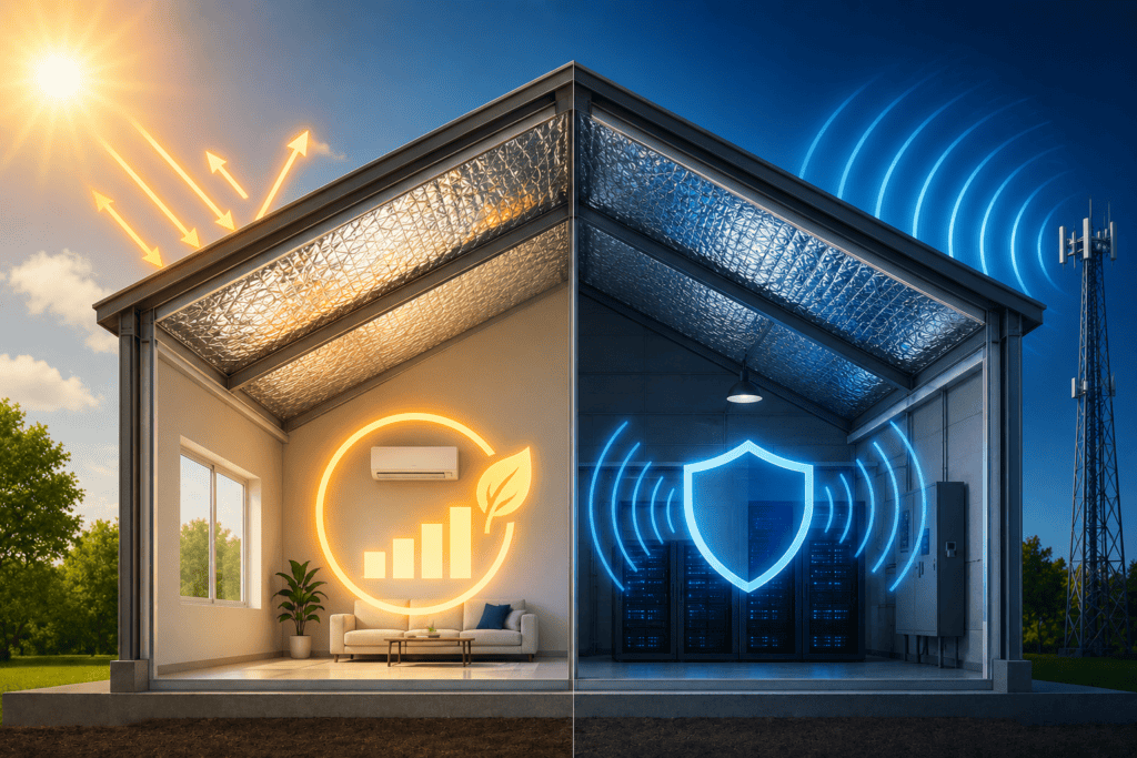 Cross-sectional building illustration showing reflective foil insulation in the roof assembly. One side highlights radiant heat reflection and energy efficiency, while the other side demonstrates reduced RF signal penetration and enhanced protection for sensitive equipment.
