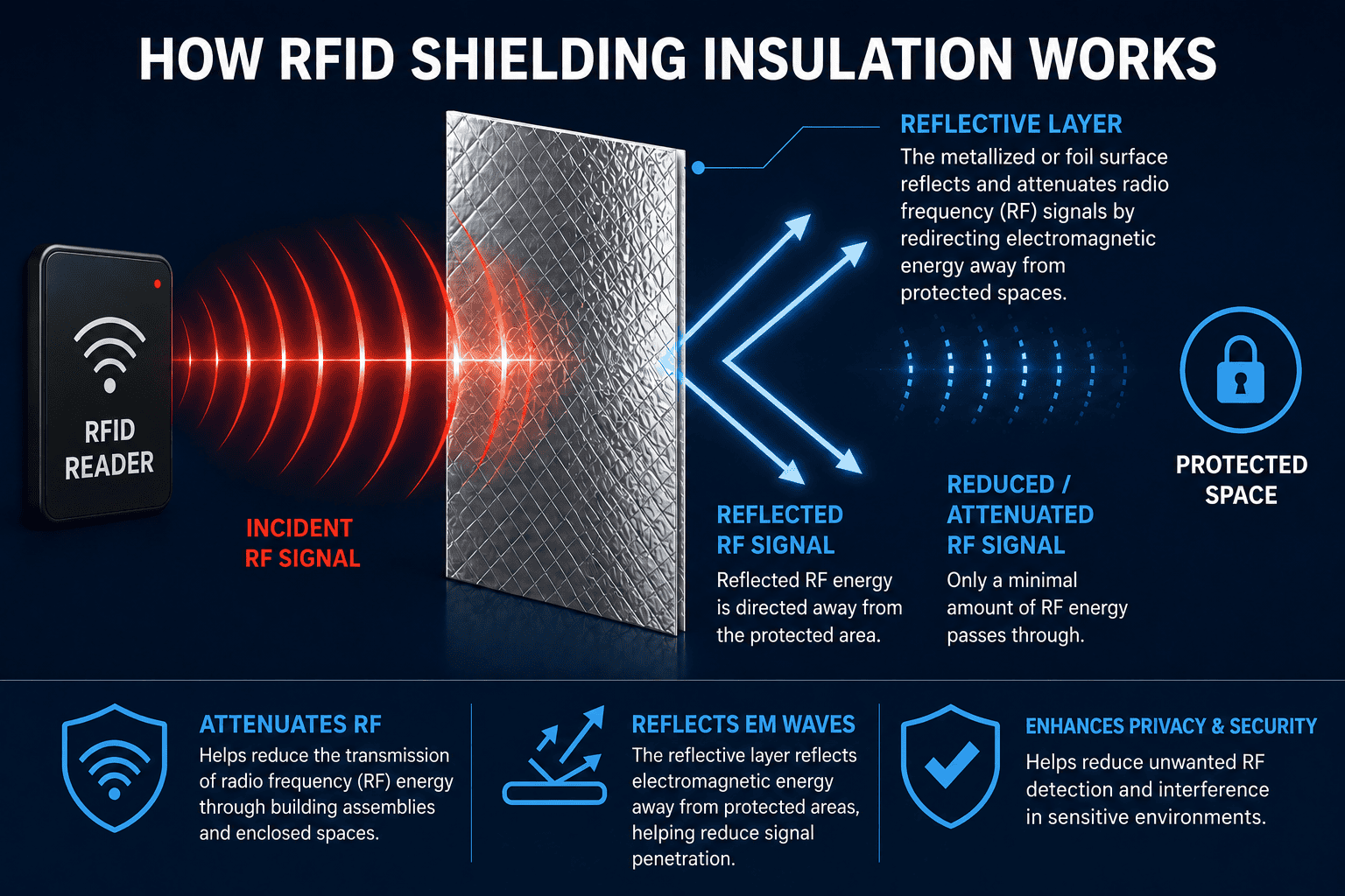 Diagram showing RFID signal attenuation using reflective insulation with reflected RF energy, reduced signal penetration, and protected space behind the insulation layer.
