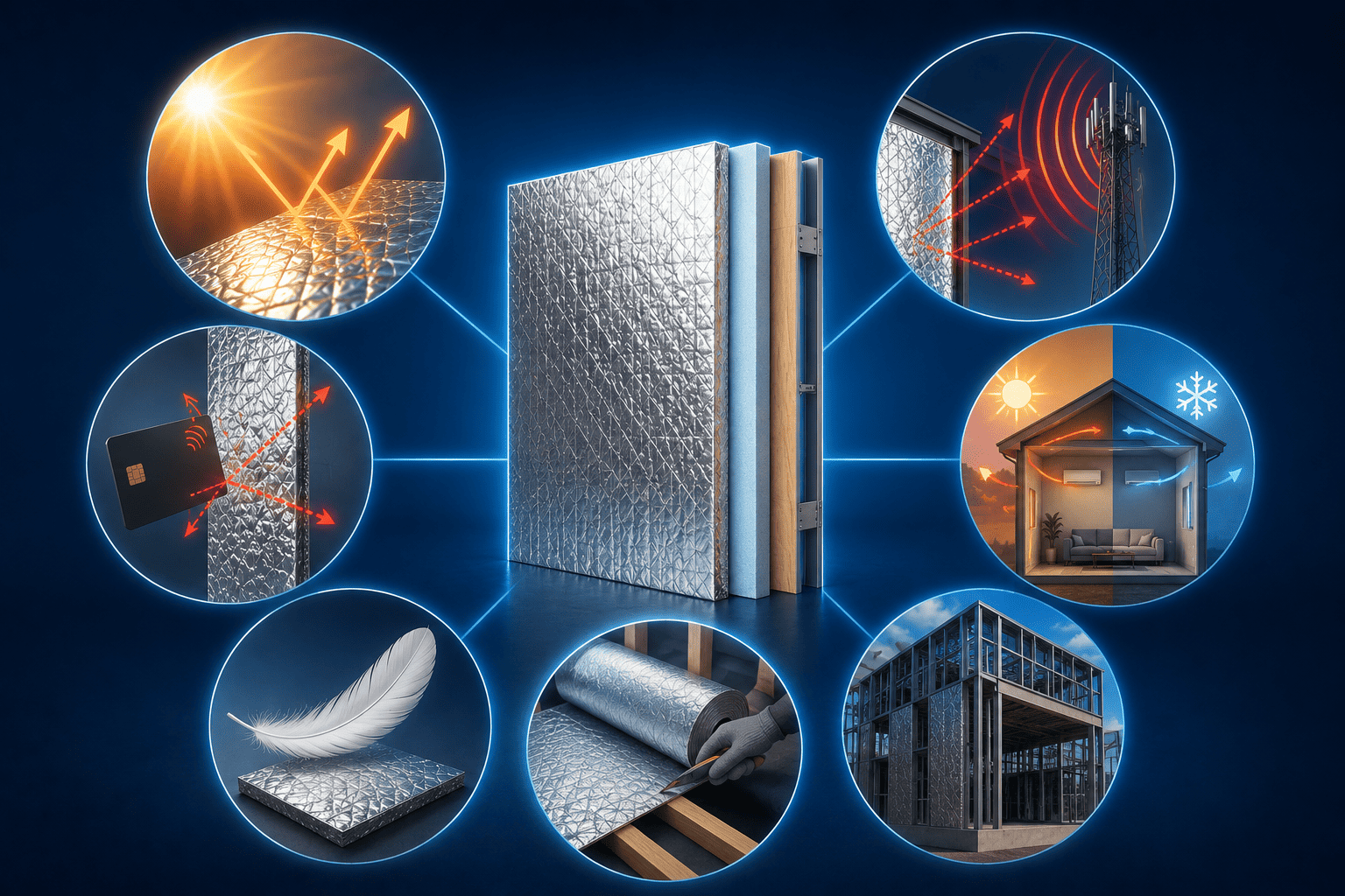 Illustration showing reflective insulation surrounded by visual representations of key benefits, including radiant heat reflection, RF signal attenuation, RFID shielding applications, energy efficiency, lightweight construction, easy installation, and suitability for new construction and retrofit projects.