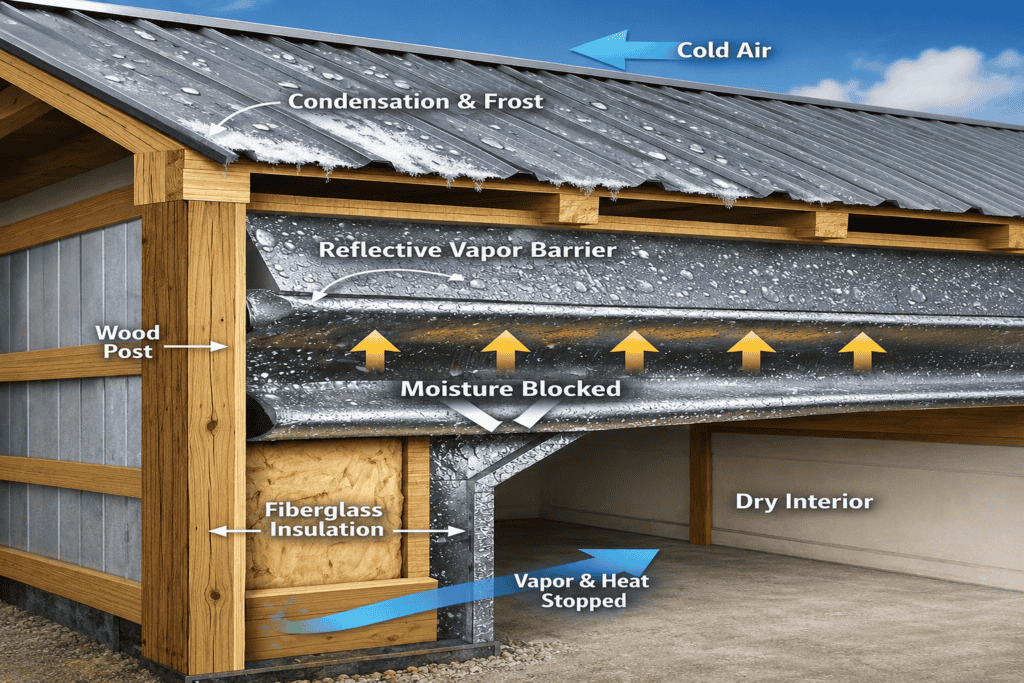 Photorealistic cutaway of a post-frame (pole barn) building showing reflective vapor barrier insulation on walls and roof. Moisture is redirected and condensation is prevented, protecting steel panels and interior spaces. This insulation enhances durability, energy efficiency, and comfort year-round.