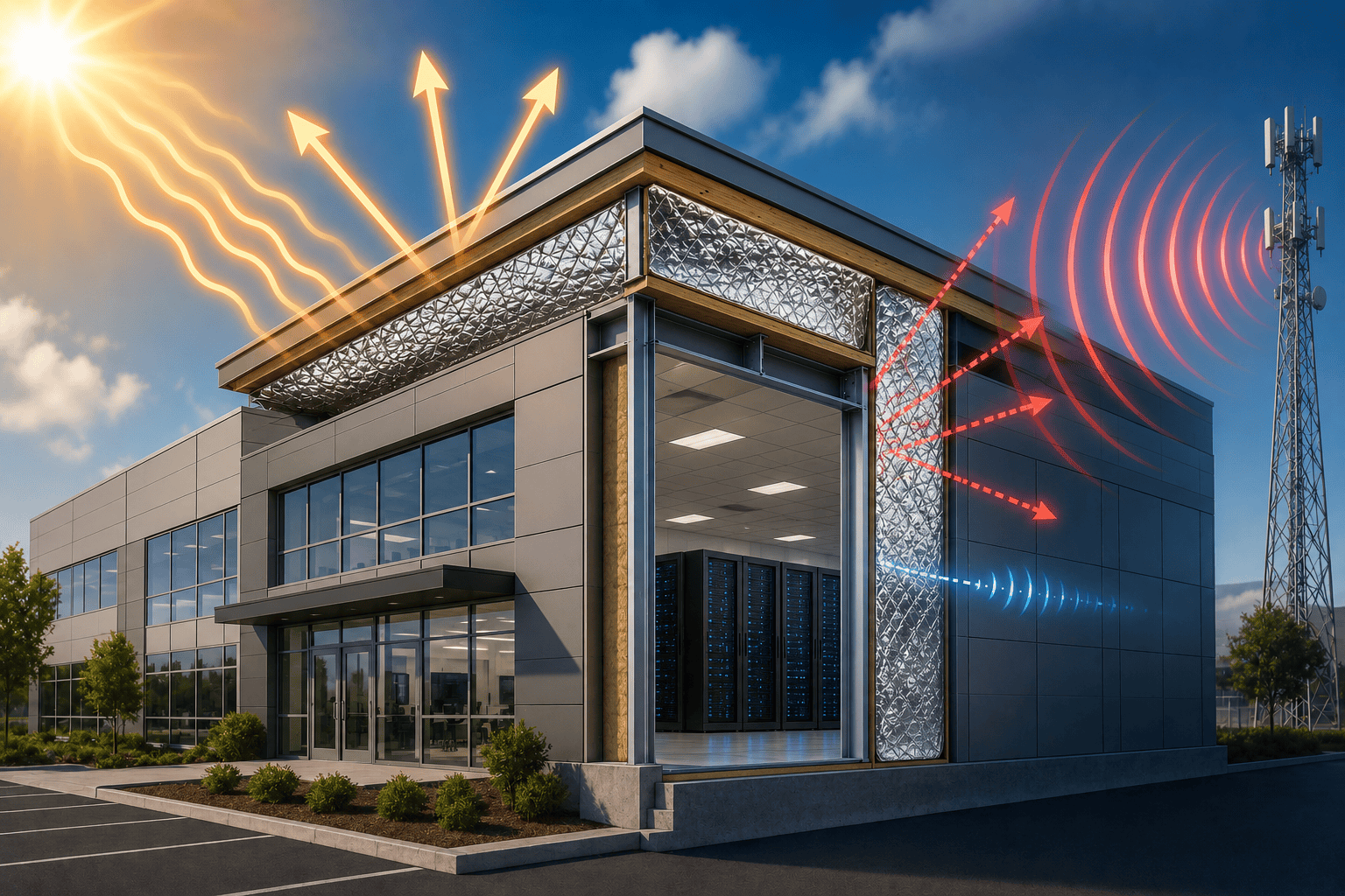 RF shielding insulation for commercial and industrial buildings