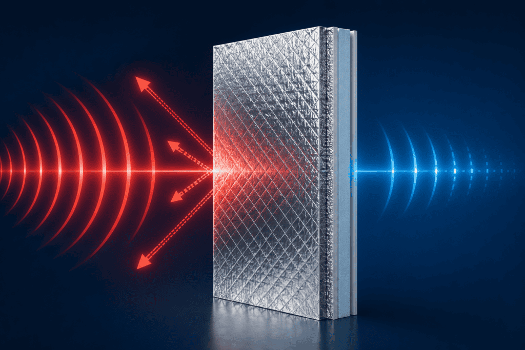 Illustration showing radio frequency (RF) energy interacting with a reflective foil insulation layer. Red RF waves strike a metallized reflective surface, where a portion of the energy is reflected away while a reduced amount passes through the assembly, demonstrating RF attenuation.
