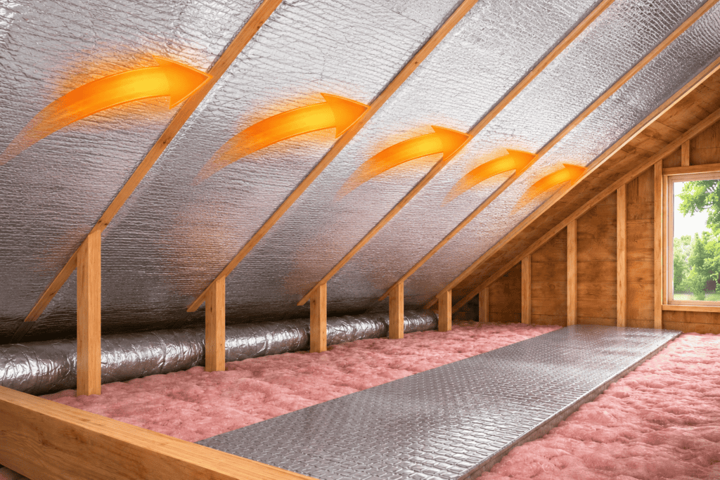 Radiant barrier attic insulation installed under roof rafters reflecting heat to reduce attic temperatures and improve energy efficiency.