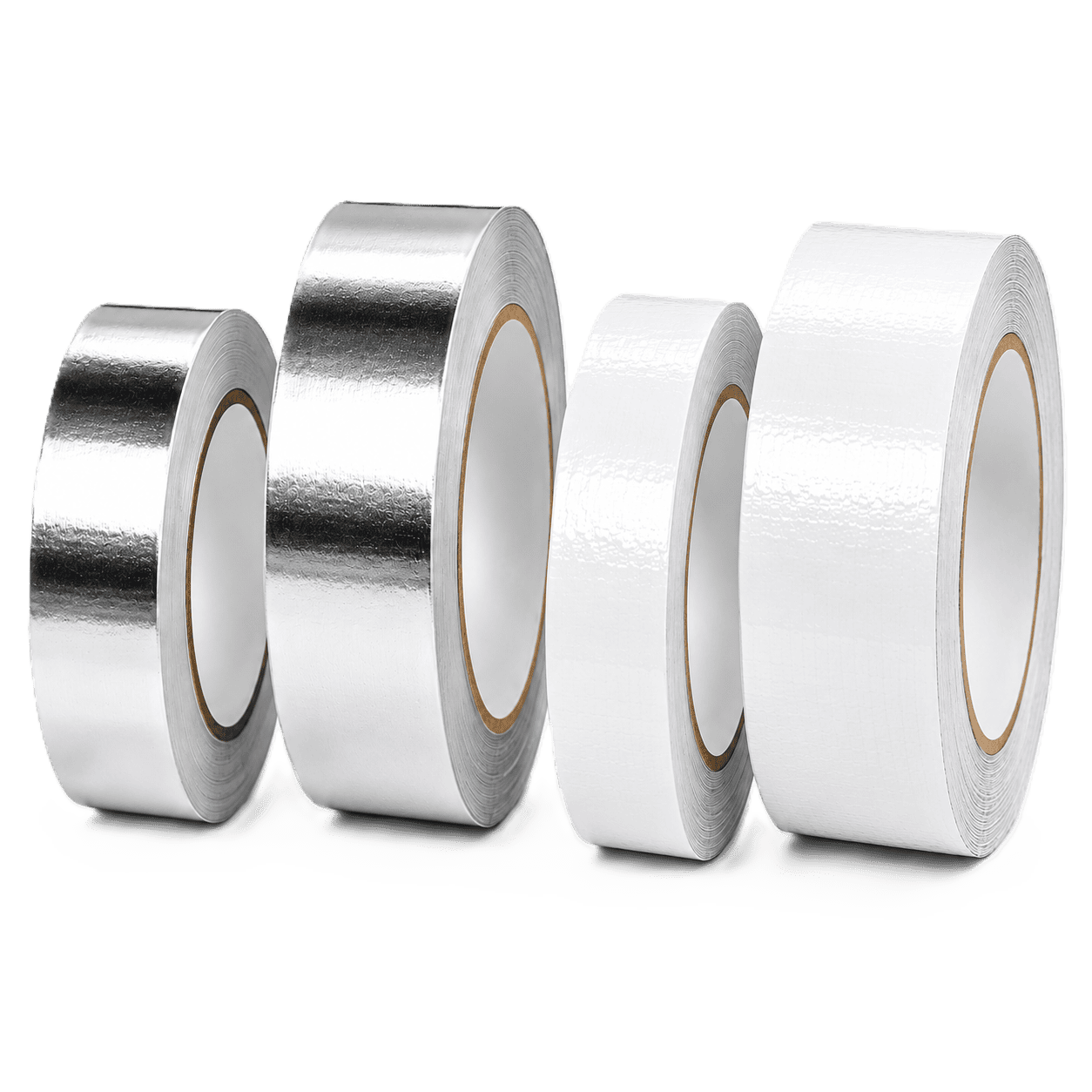 Four rolls of reflective insulation tape including aluminum foil tape and white cold weather tape in multiple widths.