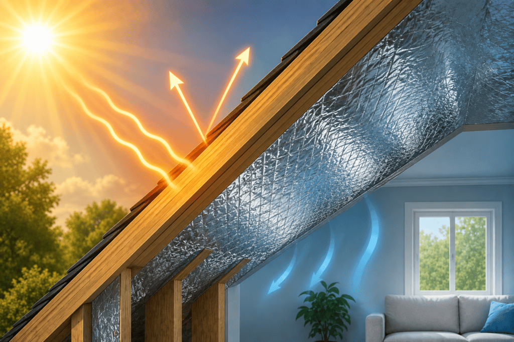 Illustration of a roof assembly with reflective radiant barrier insulation installed beneath the roof deck. Sunlight and radiant heat are reflected away from the foil surface while cooler temperatures are maintained inside the building.