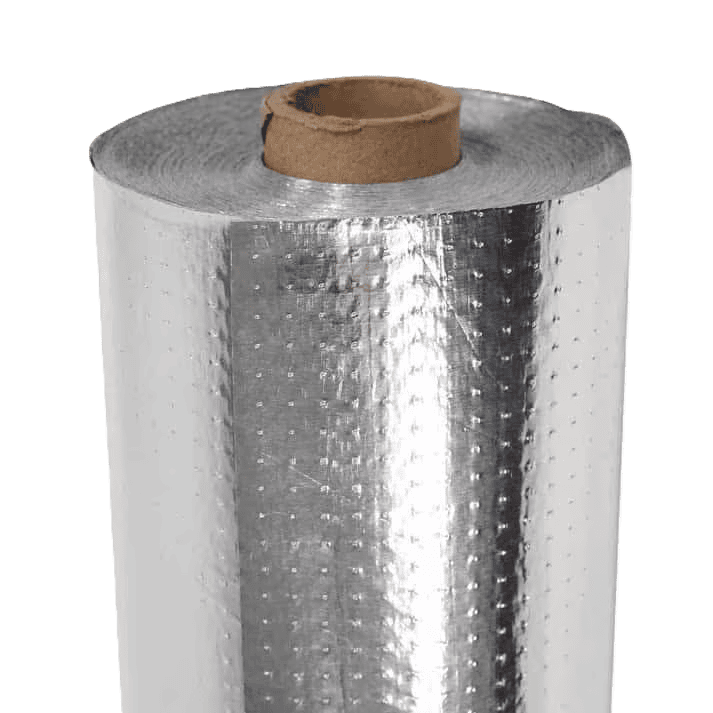 Roll of ES® SCIF Barrier Perforated RFID radiant barrier foil, a reflective insulation for SCIF rooms, homes and buildings, featuring tiny perforations for moisture control. Improved durability and performance over Ultra NT SCIF Barrier.