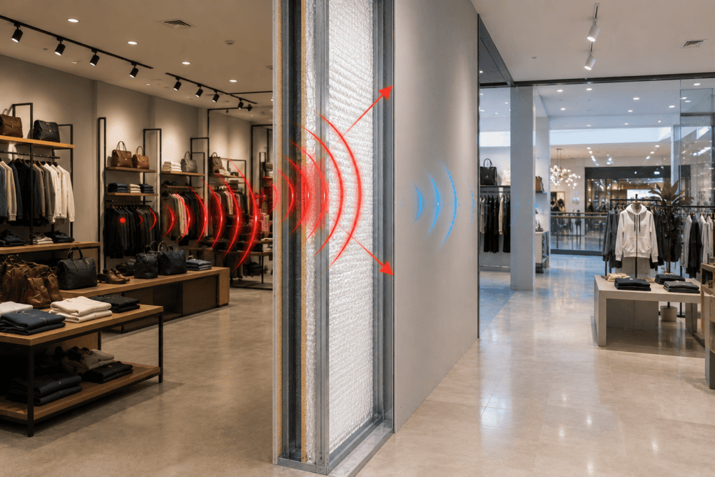 White-faced reflective insulation installed inside a retail store wall reflecting RFID signals back into the store to help reduce signal transmission into adjacent spaces.