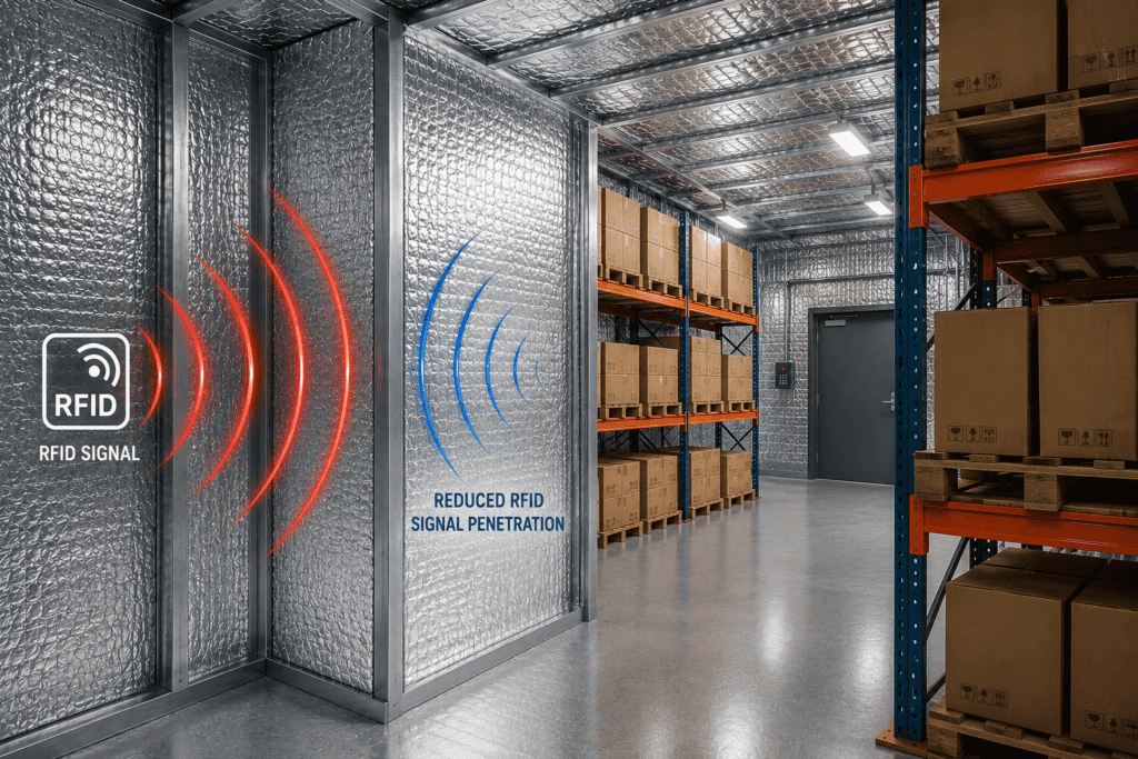 Reflective insulation installed in a warehouse to help reduce RFID signal transmission and improve energy efficiency.