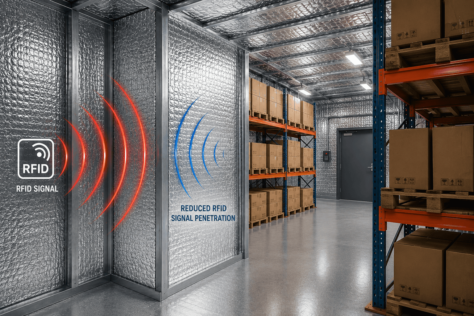 RFID shielding insulation used in a warehouse and secure storage facility