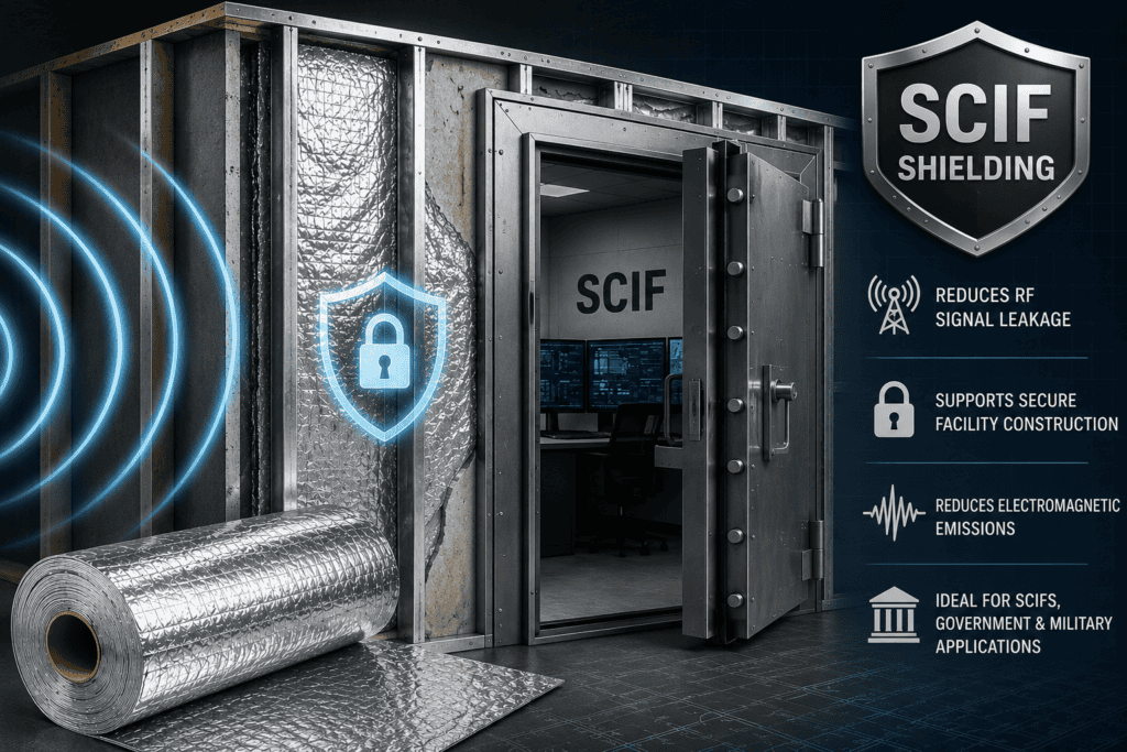Reflective foil insulation installed within a SCIF wall assembly helping reduce RF signal leakage and electromagnetic emissions in a secure government facility.