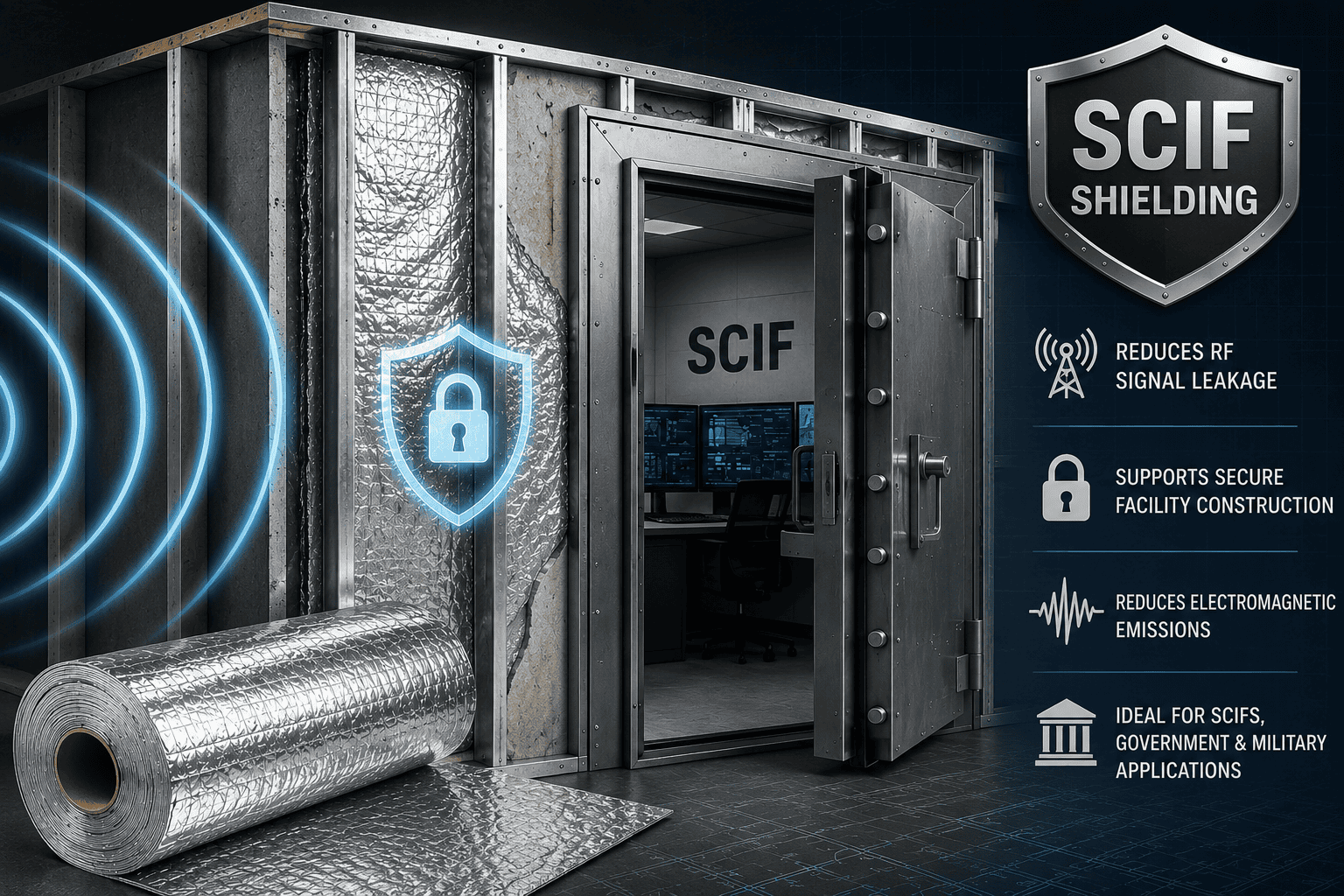 Conductive RF shielding wall assembly for secure facility construction