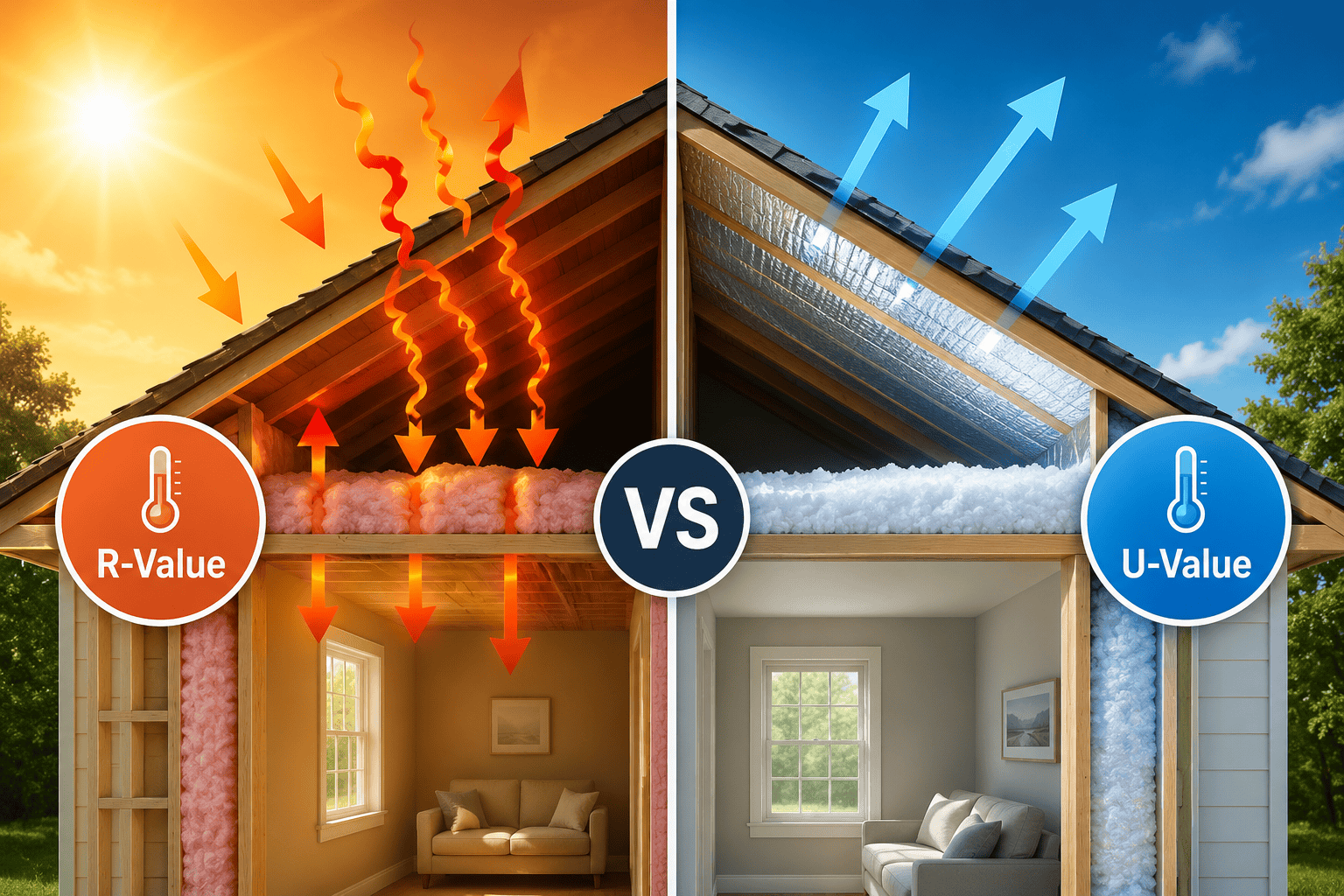 Cross-section of a house comparing R-value insulation and U-value building performance with fiberglass insulation, reflective insulation, and heat flow arrows.