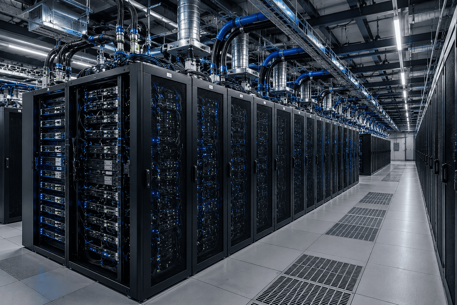High-density AI data center with server racks and advanced cooling infrastructure