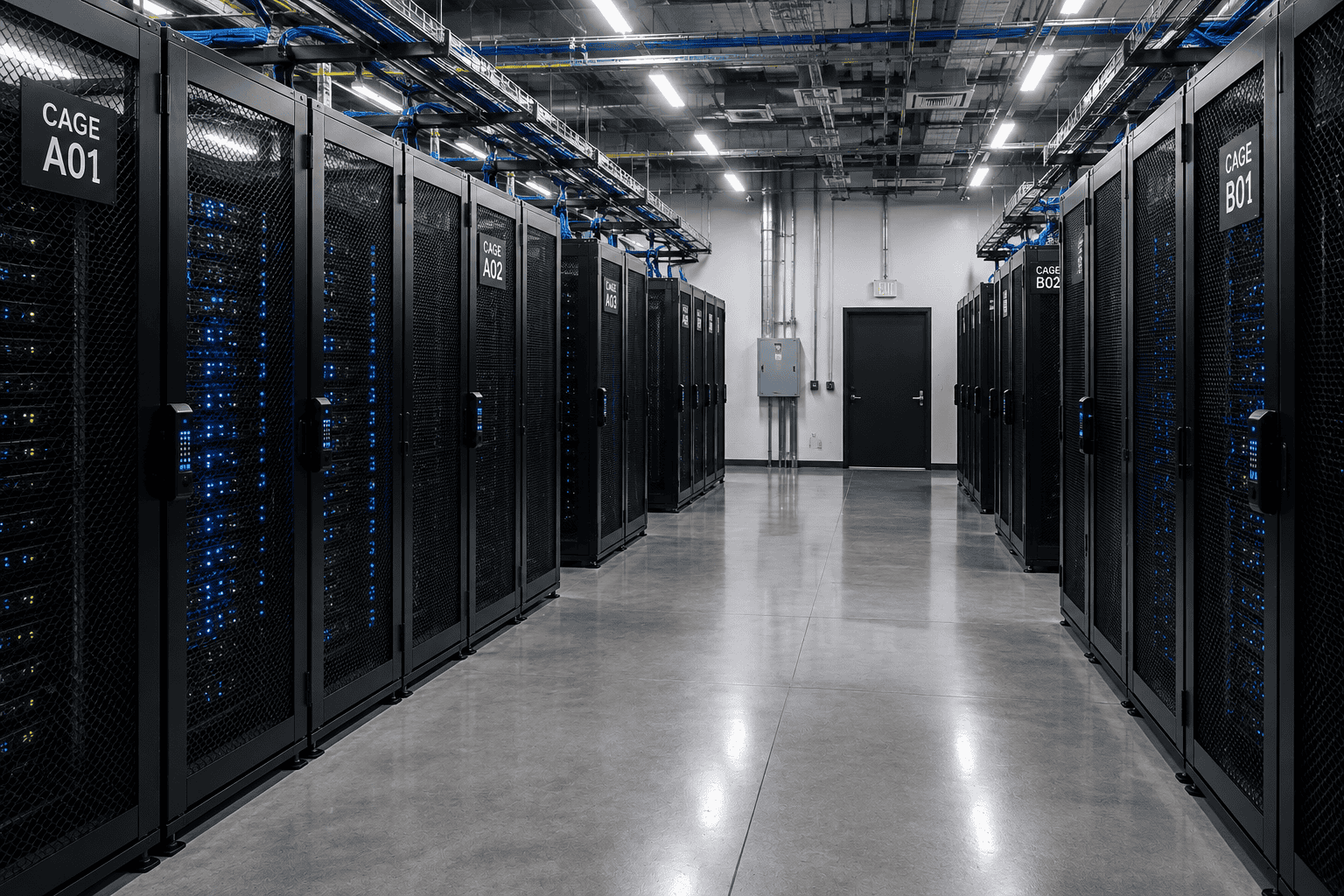 Colocation data center with individually secured server cages for multiple customers