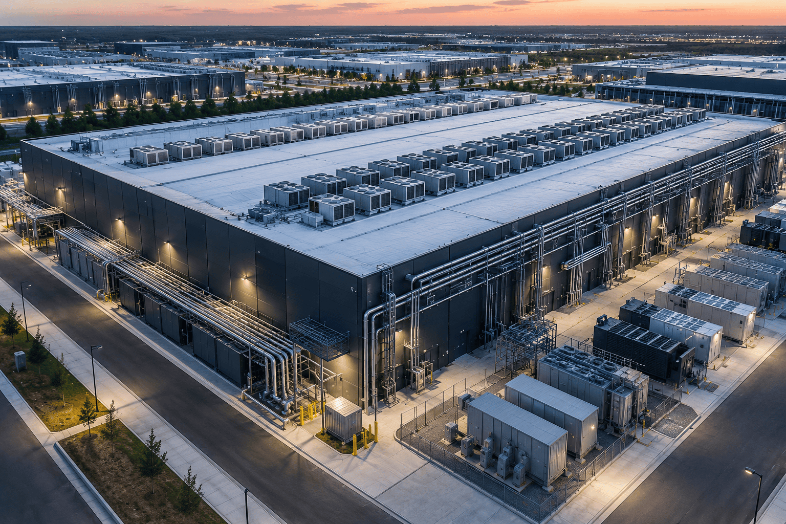 Large hyperscale data center campus with extensive cooling and mechanical infrastructure