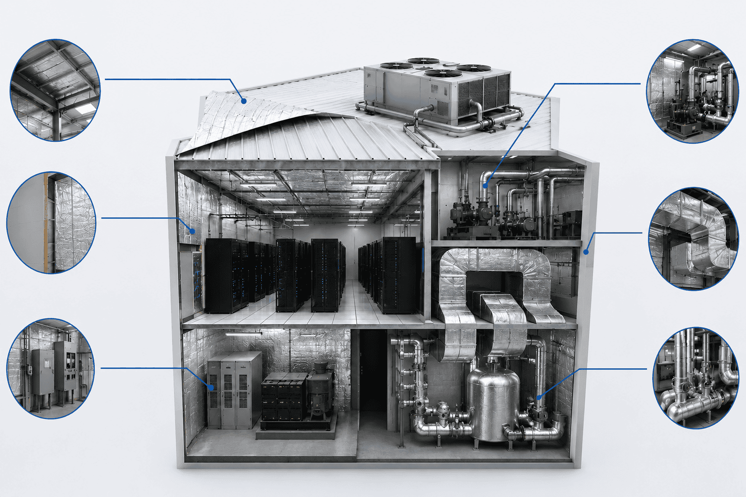 Cutaway data center showing reflective insulation in roof, wall, ductwork, mechanical, equipment and utility applications