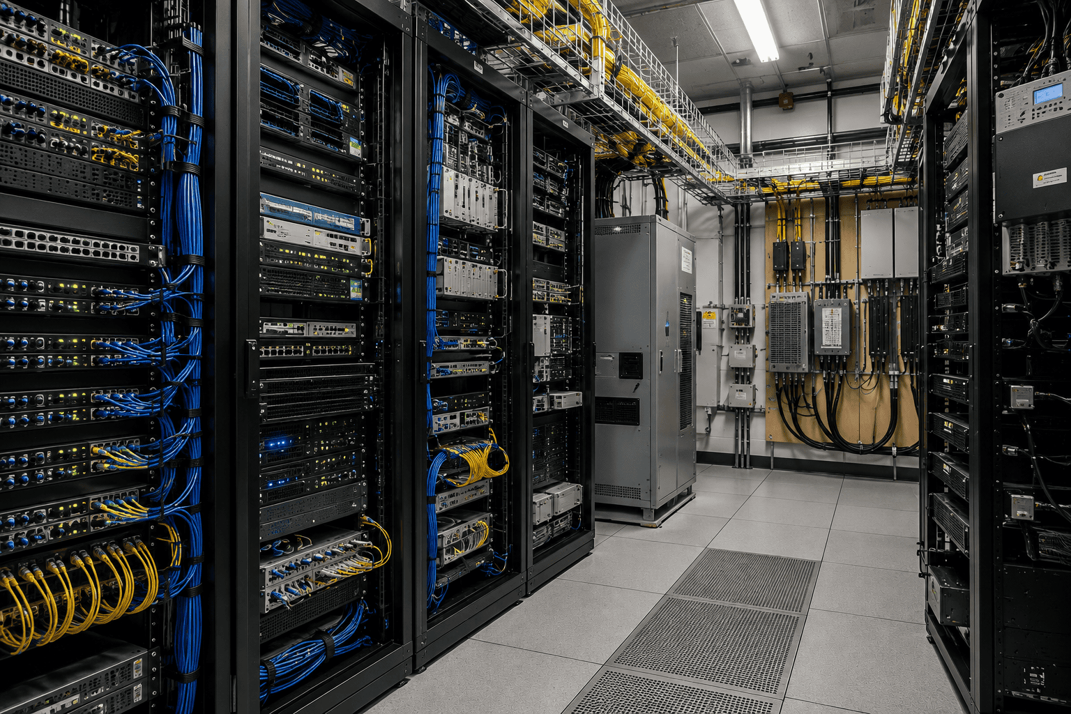 Telecommunications facility with network racks, switching equipment and structured cabling