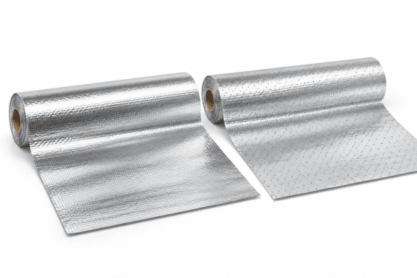 Two silver radiant barrier rolls with solid foil on the left and perforated foil on the right