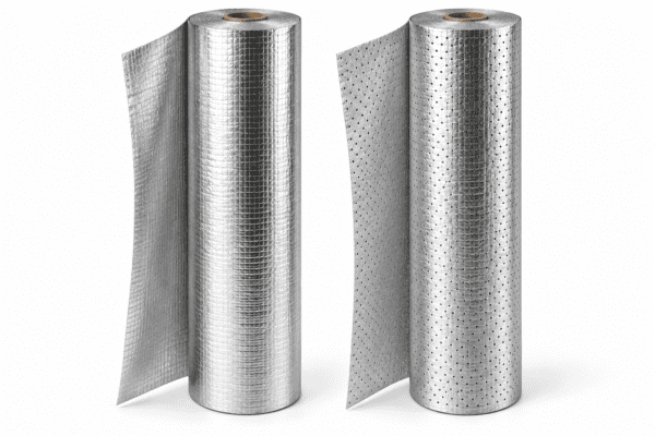 Two silver radiant barrier rolls with solid foil on the left and perforated foil on the right.