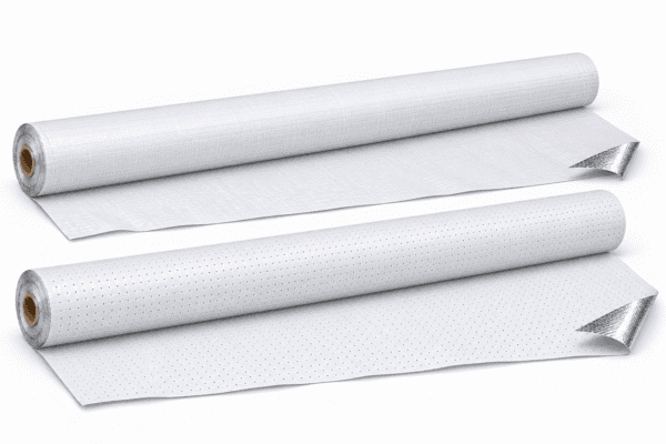 Two white-faced radiant barrier rolls, solid in back and perforated in front, with curled corners revealing silver foil backing.